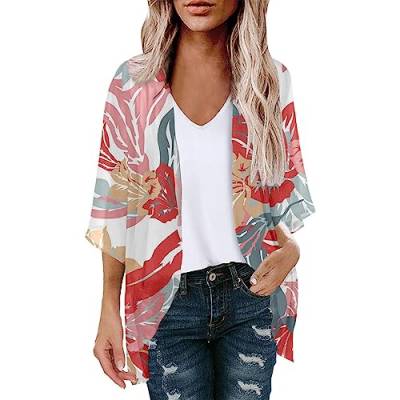 Damen Strickjacke Sommer Chiffon Bluse Vorne Offen 3/4 ÄRmel Leichtes Tops Strand Hemd Blumenmuster Resort Kleidung Badeanzug Cover Ups Tops Floral Kimono Cover Ups Kurzarm Kimono Comfy Cardigans von routinfly