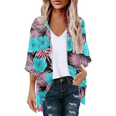 Damen Strickjacke Sommer Chiffon Bluse Vorne Offen 3/4 ÄRmel Leichtes Tops Strand Hemd Blumenmuster Resort Kleidung Badeanzug Cover Ups Tops Floral Kimono Cover Ups Kurzarm Kimono Comfy Cardigans von routinfly