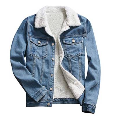 Jeansjacke Trucker Jacke Herren Mit Teddy Fleece Jacket Männer Winterjacke Denim Coat Blau Classics College Teens Wintermantel Warm ReversJeansjacke Fellkapuze Jacke mit Teddyfutter Übergangsjacke von Rpporm