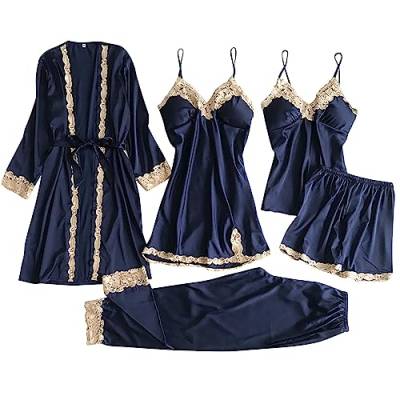 Satin Schlafanzug Damen 5 Stücke Pyjama Set Spitze Kimono Morgenmantel Robe Sexy Negligee Cami Top und Shorts Hose Lang Nachthemd 5-teiliges Frauen Nachtwäsche von Rpporm