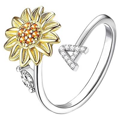 Sonnenblume 26 Buchstaben drehbarer Ring für Frauen Modeschmuck beliebte Accessoires für Ehefrau Schwarze Ringe Herren (A, One Size) von Rpporm