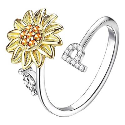 Sonnenblume 26 Buchstaben drehbarer Ring für Frauen Modeschmuck beliebte Accessoires für Ehefrau Schwarze Ringe Herren (P, One Size) von Rpporm