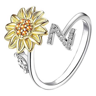 Sonnenblume 26 Buchstaben drehbarer Ring für Frauen Modeschmuck beliebte Accessoires für Ehefrau Schwarze Ringe Herren (Z, One Size) von Rpporm