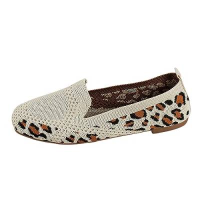 Ruiyete Ballerina Schuhe Damen Leopardenmuster Farblich passende gestrickte Freizeitschuhe mit flachem Boden Flache Schuhe Ballerinas Damen (Beige, 42) von Ruiyete