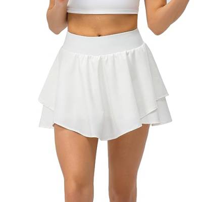 Ruowuhen Damen Tennisröcke Golfrock mit Taschen Hohe Taille Tennis Skort Laufröcke Sport Minirock mit Innenhose Weiß M von Ruowuhen