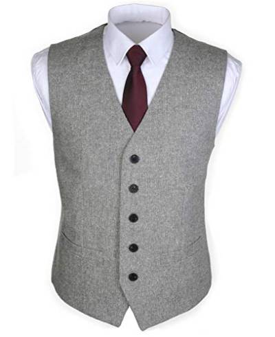 Ruth&Boaz 2Pockets 5Buttons Wool Herringbone/Tweed Tailored Collar Suit Waistcoat (XXL, Tweed grey) von Ruth&Boaz