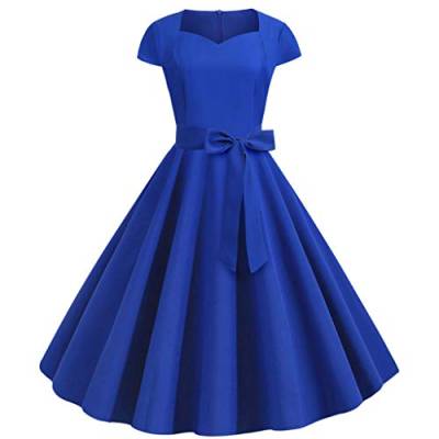 SALUCIA Damen Elegant 50er Rockabilly Kleider Vintage Retro Kleid Cocktail Party Abend Kleid Faltenrock mit Schleife Gürtel (Blau, L) von SALUCIA