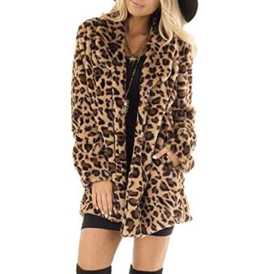 SALUCIA Damen Pelzmantel Leopard/Tiger Muster Warme Kunstpelz Mantel mit Kapuze Flauschige Fellmantel Nerzmantel Parka Jacke Wintermantel (EU-34 / Etikettengröße-S, Khaki 3) von SALUCIA