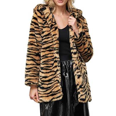 SALUCIA Damen Pelzmantel Leopard/Tiger Muster Warme Kunstpelz Mantel mit Kapuze Flauschige Fellmantel Nerzmantel Parka Jacke Wintermantel von SALUCIA