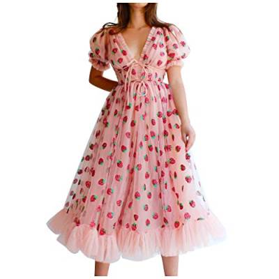 SALUCIA Damen Sexy Sommerkleid V-Ausschnitt Kurzarm Erdbeere Drucken Lang Kleid Casual Korsett HoheTaille Abendkleid von SALUCIA