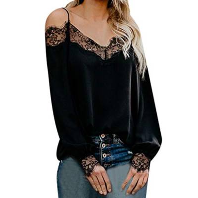 SALUCIA Damen V Ausschnitt Langarm Schulterfrei Spitze Stitching Chiffon Shirt Bluse Tunika Frauen Herbst Mode Elegante Spaghettiträger Camisole Carmen Tshirt Pulli Pullover Jumper Oberteile Top von SALUCIA