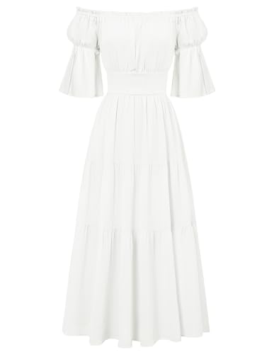Damen Renaissance Kleid Schulterfrei Gesmokte Taille Halbarm A-Linie Elegante Korsett Kleid Weiß L von SCARLET DARKNESS