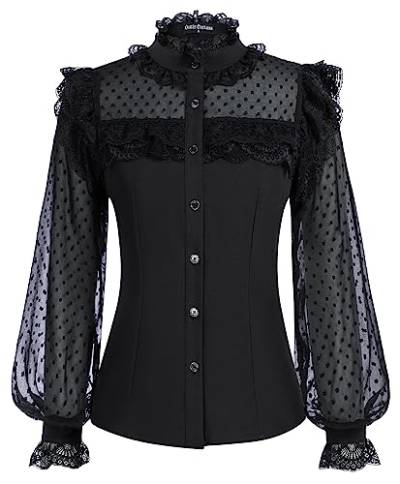 SCARLET DARKNESS Damen Renaissance Bluse Stehkragen Langarmshirts mit Spitzen Mesh Patchwork Tuniken Schwarz S von SCARLET DARKNESS