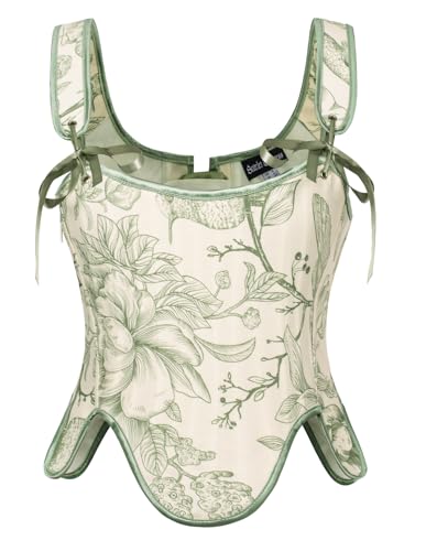 SCARLET DARKNESS Damen Renaissance Corset Brust Vintage Quadratischer Hals mit Fishbone Weste Grüne Blume 36 von SCARLET DARKNESS