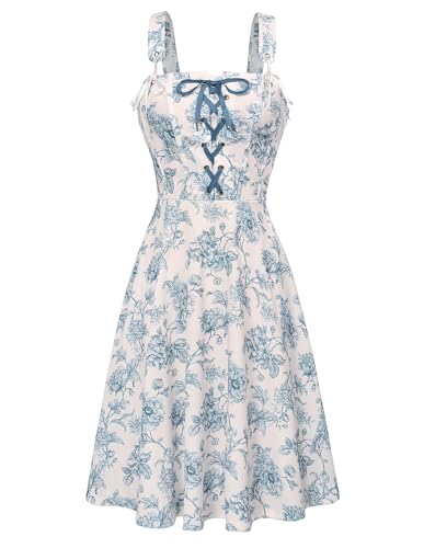 Viktorianisch Strandkleid Ärmellos Hoher Taille mit Schnürung A-Line Kleid L Blau Blume auf weiß von SCARLET DARKNESS