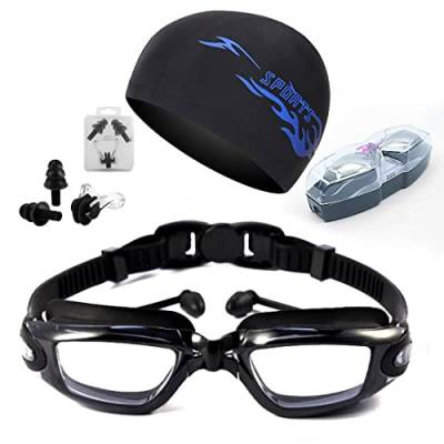 SCJJZ schwimmbrille,taucherbrille erwachsene,schwimmbrille herren,badekappe,HD wasserdichte Antibeschlag-Schwimmbrille mit Ohrstöpsel-Badekappenausrüstung(Schwarzes 5-teiliges Set) von SCJJZ