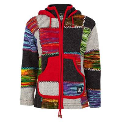 SHAKALOHA Patchwork Strickjacke Wolljacke mit Kapuze - W Patch NH Multi für Damen - im fairen Wettbewerb in Nepal hergestellte Wolljacke mit fleecegefütterter Kapuze - L von SHAKALOHA LIFE IS FOR LIVING