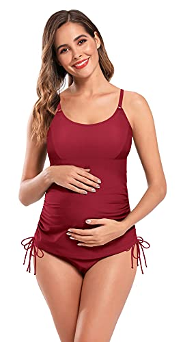 SHEKINI Damen Umstandstankini Zweiteiliger Badeanzug Retro Ruched Bauchkontrolle Verstellbare Tankini Set Grosse Grössen Umstandsbadeanzug (3XL,Weinrot) von SHEKINI