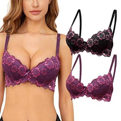 SHEKINI Spitzen-BH für Damen mit Bügel Push Up Bra Feste Polsterung Eleganter Komfort BH Blumen Bestickter Verstellbaren Trägern 2er Pack von SHEKINI