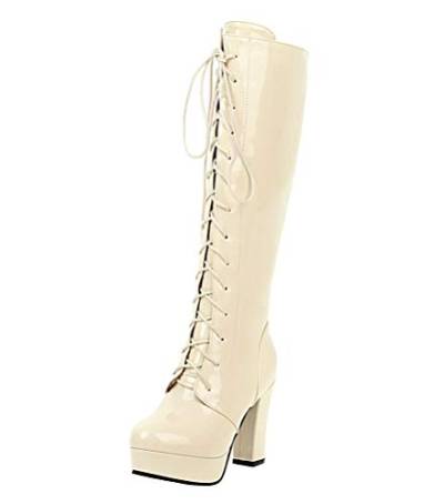 SHEMEE Damen High Heels Plateau Lack Kniehoch Stiefel mit Blockabsatz und Schnürung 10cm Absatz Knee High Boots(Beige,44) von SHEMEE