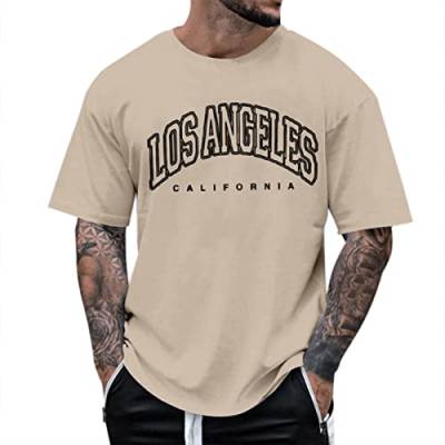 SHINEHUA Oversized Tshirt Herren Rundhals Kurzarm Lose Sommer Oberteile Mode T-Shirt mit Los Angele Grafik Kreativen Buchstaben Vintage Drucken Streetwear Casual Sport Lang Tops (Khaki #1, L) von SHINEHUA