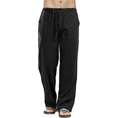 SINGOing Lässige Leinenhosen Herren Baumwolle Hosen Einfarbig Haremshose Baggy Freizeithosen Atmungsaktiv Sommerhose Loose Strandhosen Leichte Lange Hosen (Schwarz-A, S) von SINGOing