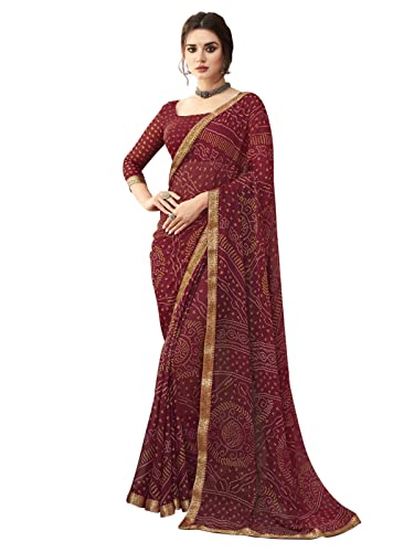 SIRIL Damen Bandhani bedruckt & Spitze Chiffon Saree mit Bluse, Maroon1, Einheitsgröße von SIRIL