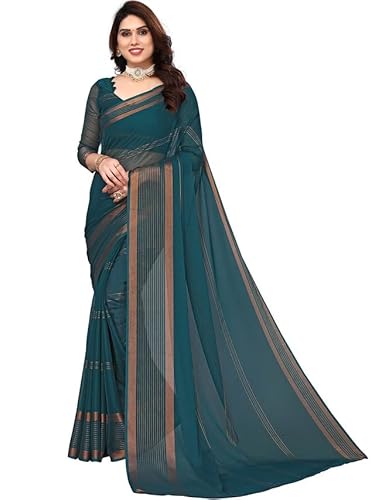 SIRIL Damen gefärbte, goldene Streifen in Sari Chiffon Saree mit ungenähter Bluse, Blaugrün, Einheitsgröße von SIRIL