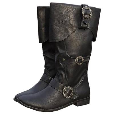 Mittelalterliche Ritterstiefel für Erwachsene Cosplay - Wikinger Retro Langschaft Leder Manschettenschuhe - PU Leder Stiefel Renaissance Plus Size Stiefel Schuhe mit Gürtelschnalle,Schwarz,40 von SIULAS