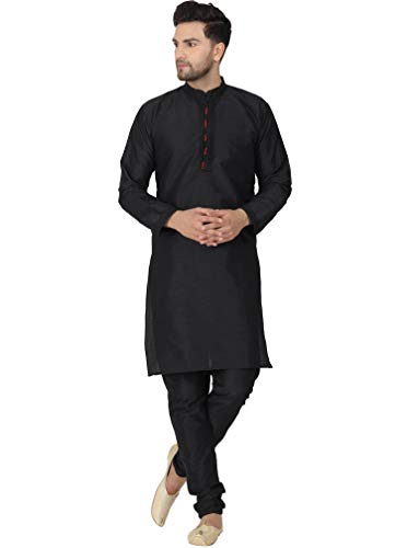 SKAVIJ Herren Art Silk Kurta Pyjama Indischer traditioneller Anzug Festliche Jahreszeit Kleid Set (Schwarz, XL) von SKAVIJ