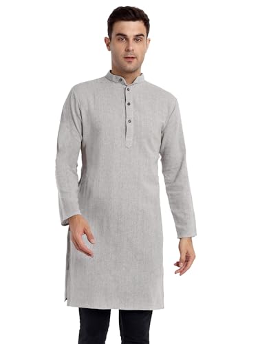 SKAVIJ Herren Baumwolle Lang Kurta Zwanglos Shirt Grau L von SKAVIJ