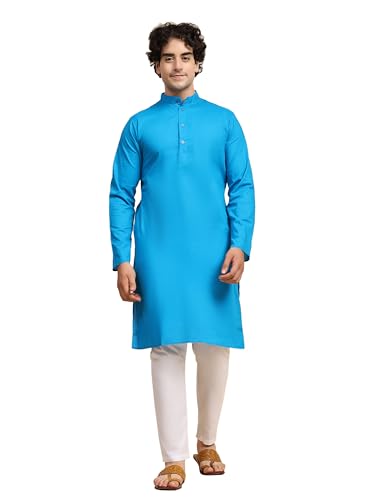 SKAVIJ Herren Tunika Baumwolle Kurta Schlafanzug indisch Yoga Zwanglos Kleid Satz (Türkis, L) von SKAVIJ