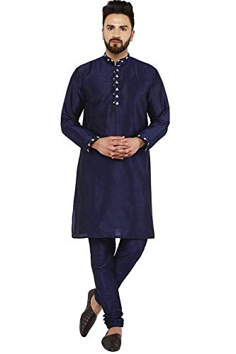 SKAVIJ Herren Tunika Kunst Seide Kurta-Pyjama-Set ethnisch indische Kleidung Anzug (Blau, M) von SKAVIJ