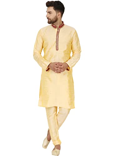 SKAVIJ Herren Tunika Kunstseide Kurta Pyjama Set indisches Ethno Kleid (Beige, L) von SKAVIJ
