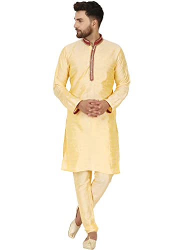 SKAVIJ Herren Tunika Kunstseide Kurta Pyjama Set indisches Ethno Kleid (Beige, M) von SKAVIJ