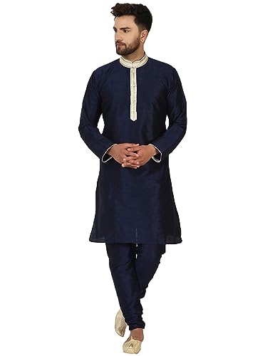 SKAVIJ Herren Tunika Kunstseide Kurta Pyjama Set indisches Ethno Kleid (Blau, L) von SKAVIJ