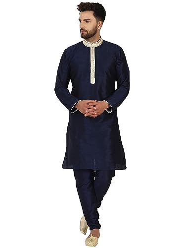 SKAVIJ Herren Tunika Kunstseide Kurta Pyjama Set indisches Ethno Kleid (Blau, M) von SKAVIJ