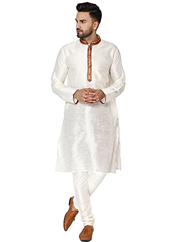 SKAVIJ Herren Tunika Kunstseide Kurta Pyjama Set indisches Ethno Kleid (Cremefarben, S) von SKAVIJ