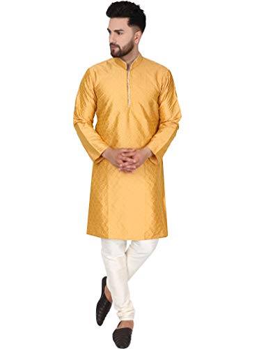 SKAVIJ Herren Tunika Kurta Pajama Kariert Party Kleid (Gold, XL) von SKAVIJ