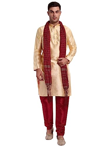 SKAVIJ Herren synthetische indische ethnische Kleidung Kurta Pyjama Schal Anzug Festival Saison Partykleid Set (Beige, Medium) von SKAVIJ