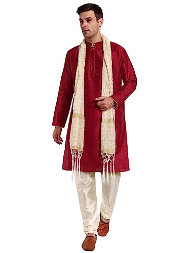 SKAVIJ Herren synthetische indische ethnische Kleidung Kurta Pyjama Schal Anzug Festival Saison Partykleid Set (Rot, Large) von SKAVIJ