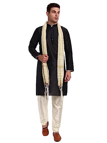 SKAVIJ Herren synthetische indische ethnische Kleidung Kurta Pyjama Schal Anzug Festival Saison Partykleid Set (Schwarz, X-Large) von SKAVIJ