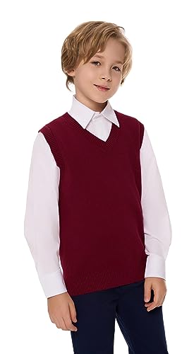 SMILING PINKER Jungen Strickweste V-Ausschnitt Kinder Baumwolle Ärmellos Pullunder(Burgund,6-7 Jahre) von SMILING PINKER