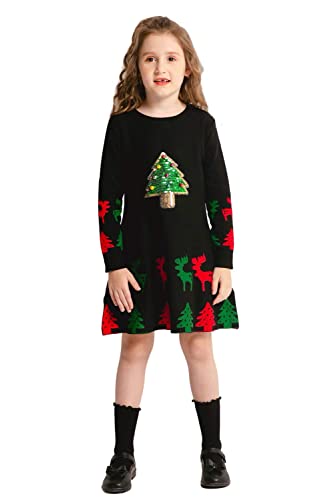 SMILING PINKER Mädchen Pulloverkleid Weihnachten Festlich Kleider Casual Langarm Strickkleider Sweater Kleid(Schwarz,5-6 Jahre) von SMILING PINKER