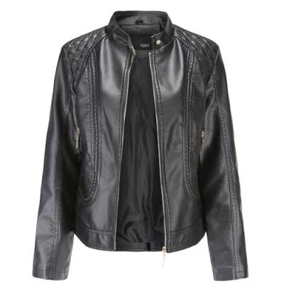 SRUQ Damen PU Lederjacke mit Reißverschluss Motorradjacke Bikerjacke für Herbst Frühling (Schwarz, S) von SRUQ