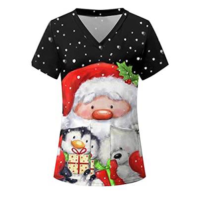 STPT Schlupfhemd Bluse Kurzarm V-Neck Kasack Damen Pflege mit Karikatur Motiv und Taschen Uniform Berufsbekleidung Krankenschwester Kleidung Schlupfkasack Uniformen, M, Black#15 von STPT