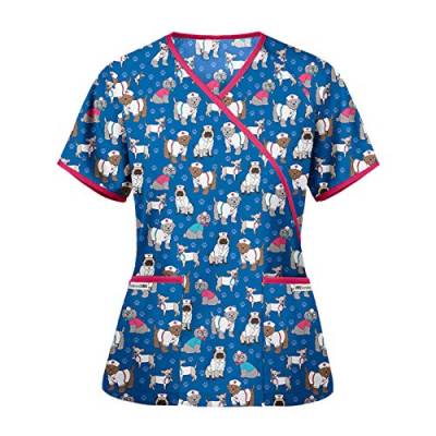 STPT Schlupfhemd Bluse Kurzarm V-Neck Kasack Damen Pflege mit Karikatur Motiv und Taschen Uniform Berufsbekleidung Krankenschwester Kleidung Schlupfkasack Uniformen von STPT