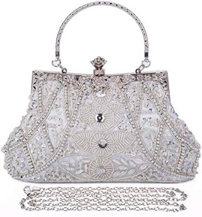 SYMALL Damen Handtasche für Party Vintage Clutch Elegant Retro Abendtasche Hochzeit Tasche mit Perlen Cocktail Braut Umhängetasche Bankett, Silber von SYMALL