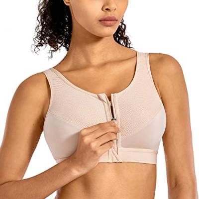 SYROKAN Damen Sport BH Starker Halt - Vorderverschluss Ohne Bügel Und Einlagen für Nach Brust OP Fitness Lauf Yoga Beige 85C von SYROKAN