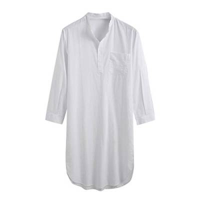 Saclerpnt Roben Herren Einteiliger Schlafanzug Pyjama Lange Langarm Robe Mode Rundhals Nachthemd mit Knopfleiste(Weiß,L) von Saclerpnt